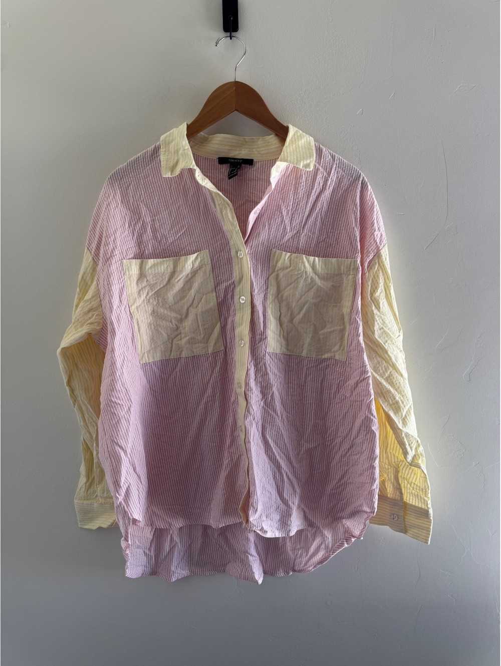 Forever 21 Pink & Yellow Colorblock Oversized Button Down Shirt Size Medium